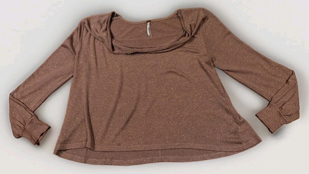 Free People Womens Small Brown Gold Metallic Knit Long Sleeve Hi Low Top